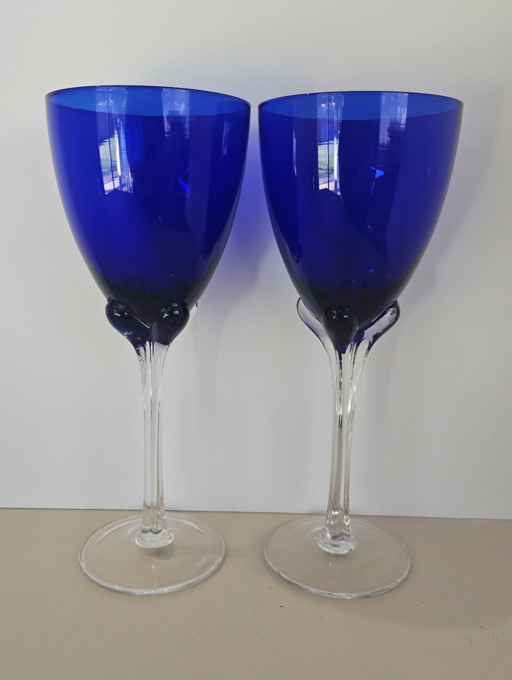2 Murano Cobalt Blue Wine Glasses Goblet 9.5" Handblown Art Glass Petal Stem